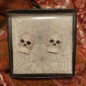 Large Silvertone Skull Earrings with Rhinestones & Black Enamel Eyes & Nose